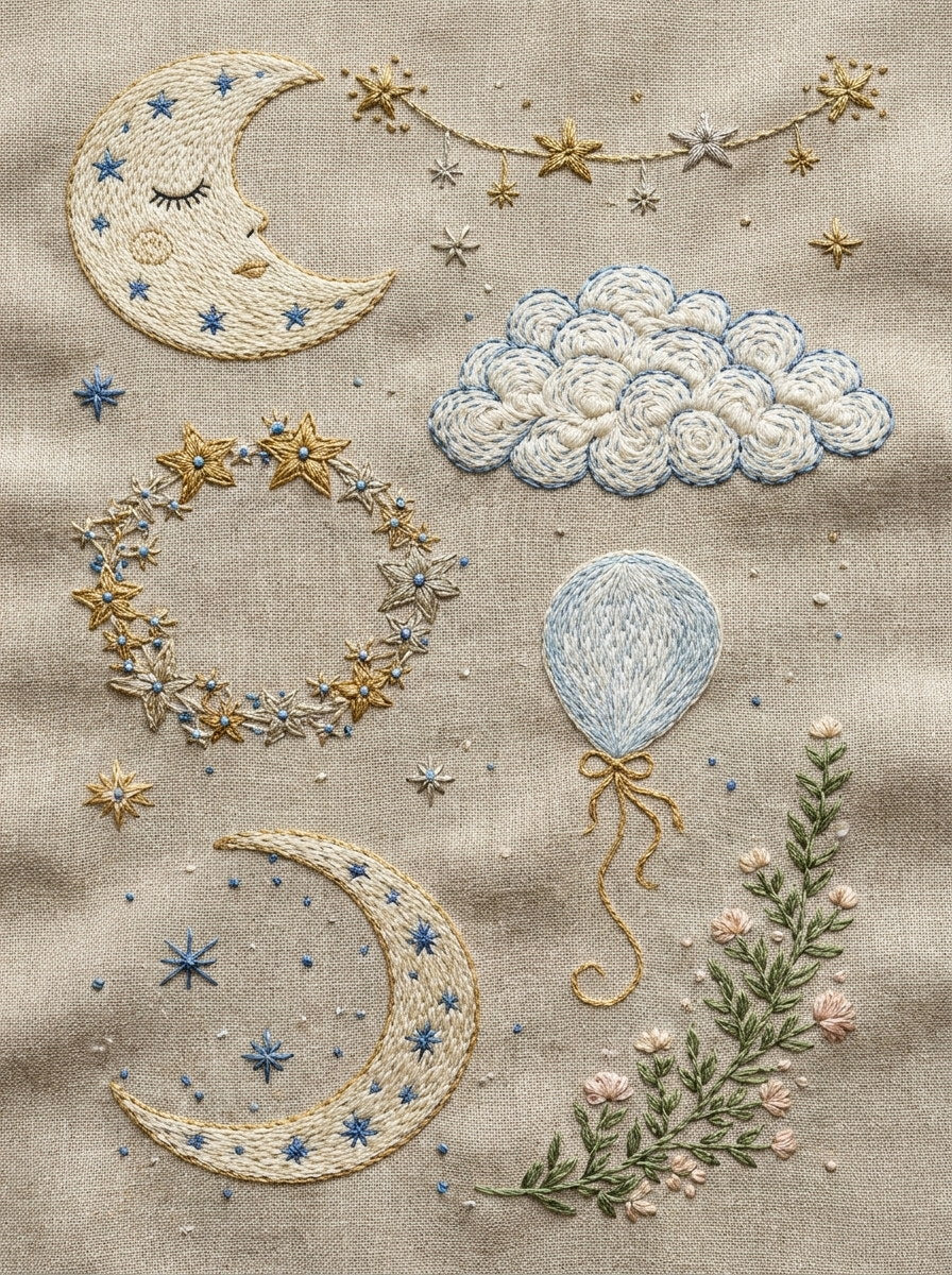 Moon Star And Dream Motif Set Baby And Kid 0 Png from Baby & Kids Embroidery Book 1, a digital embroidery design reference for machine embroidery designs, embroidery patterns and baby and keepsake embroidery.