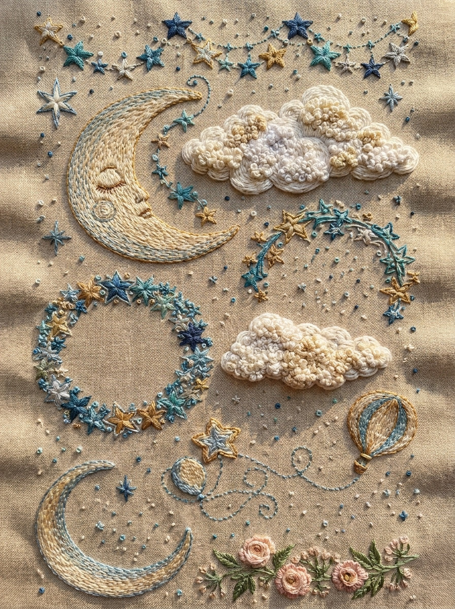 Moon Star And Dream Motif Set Baby And Kid 0 Png from Baby & Kids Embroidery Book 3, a digital embroidery design reference for machine embroidery designs, embroidery patterns and baby and keepsake embroidery.
