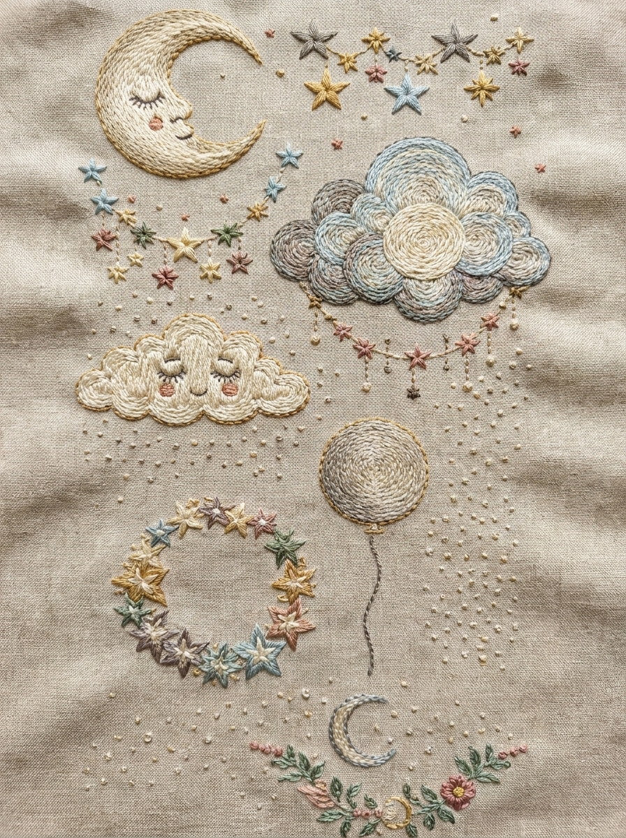 Moon Star And Dream Motif Set Baby And Kid 3 Png from Baby & Kids Embroidery Book 4, a digital embroidery design reference for machine embroidery designs, embroidery patterns and baby and keepsake embroidery.