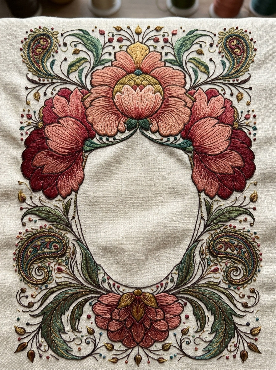Mughal Floral Cartouche Mughal And from Mughal & Persian Garden Embroidery Book 5, a digital embroidery design reference for machine embroidery designs, embroidery patterns and frames and monogram spaces.