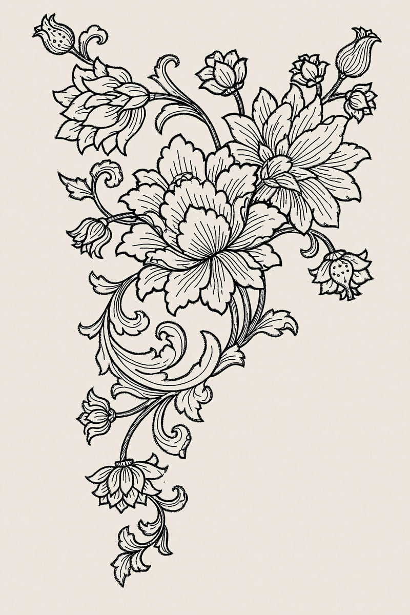 Mughal Floral Corner Mughal Persian from Mughal, Persian & Oriental Embroidery Book 1, a digital embroidery design reference for machine embroidery designs, embroidery patterns and corner embroidery.