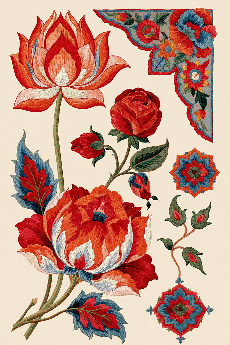 Mughal Garden Motif Set Mughal from Mughal, Persian & Oriental Embroidery Book 2, a digital embroidery design reference for machine embroidery designs, embroidery patterns and botanical and floral embroidery.