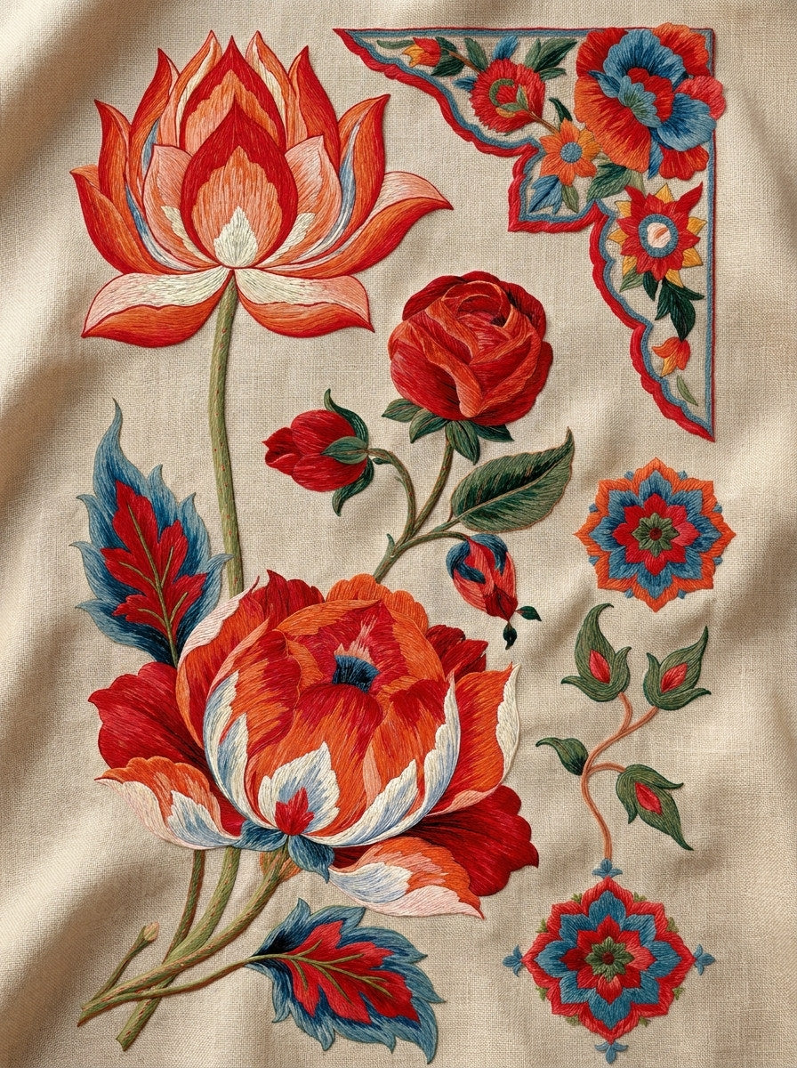 Mughal Garden Motif Set Mughal from Mughal, Persian & Oriental Embroidery Book 2, a digital embroidery design reference for machine embroidery designs, embroidery patterns and botanical and floral embroidery.
