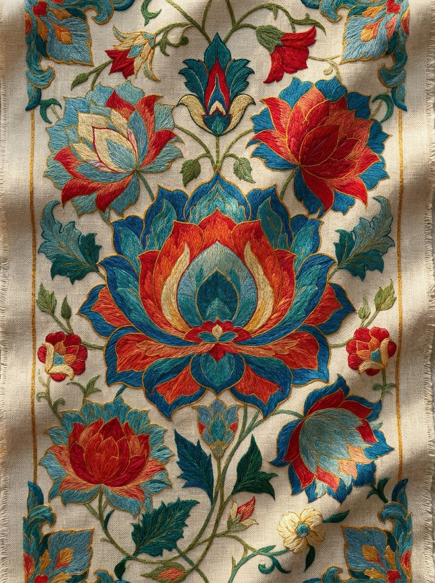 Mughal Pillow Front Panel Mughal from Mughal, Persian & Oriental Embroidery Book 1, a digital embroidery design reference for machine embroidery designs, embroidery patterns and linen and home textile projects.