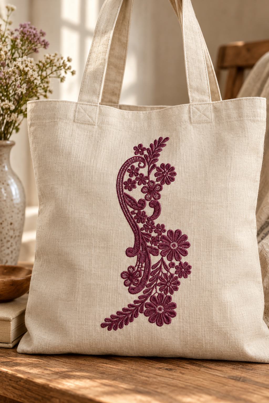 Photorealistic paisley wildflower spray machine embroidery in deep mulberry thread on a natural linen tote bag, shown as one fabric-stitched motif
