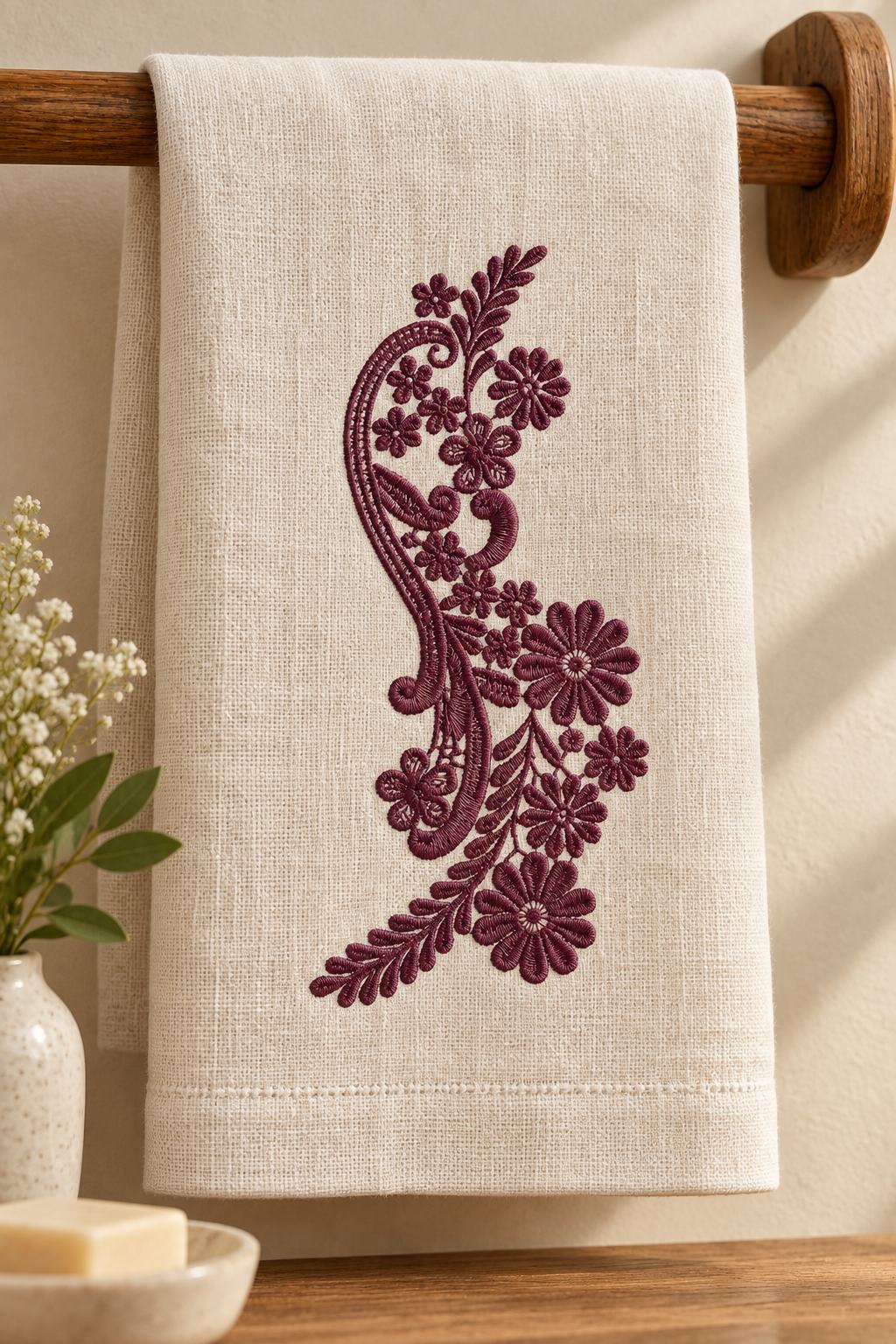Photorealistic paisley wildflower spray machine embroidery in deep mulberry thread on a linen hand towel, shown as one fabric-stitched motif