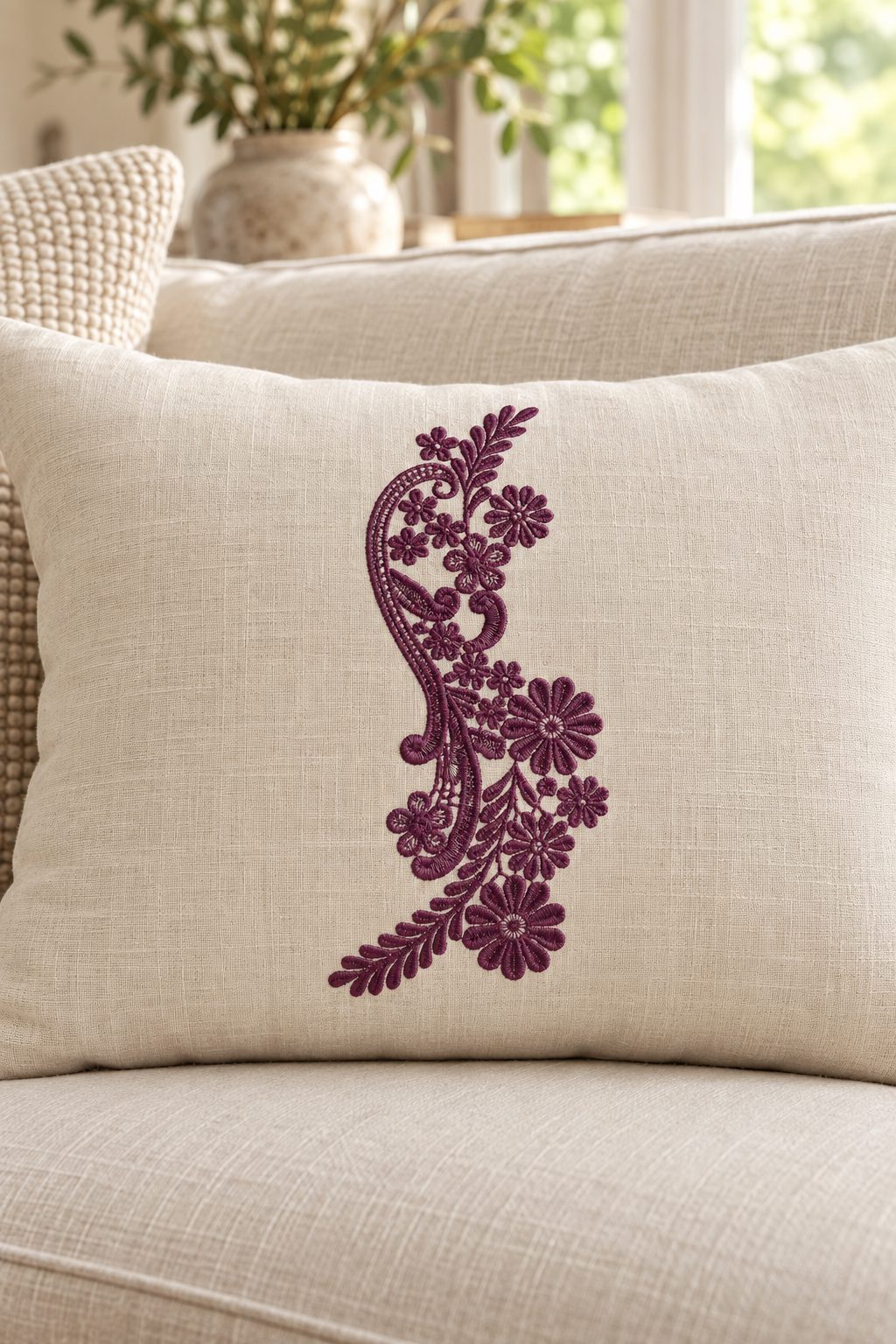 Photorealistic paisley wildflower spray machine embroidery in deep mulberry thread on a linen lumbar cushion, shown as one fabric-stitched motif