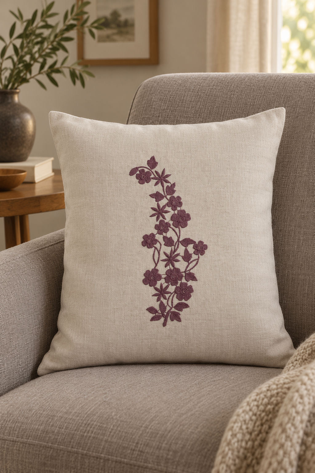 Linen cushion with a single muted dark mulberry machine-embroidered petal and starflower vine motif on natural ivory linen.