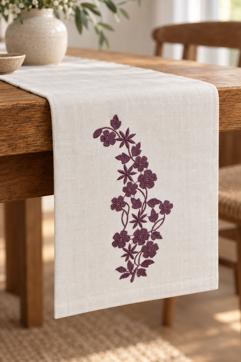 Linen table runner with a single muted dark mulberry machine-embroidered petal and starflower vine motif on natural ivory linen.
