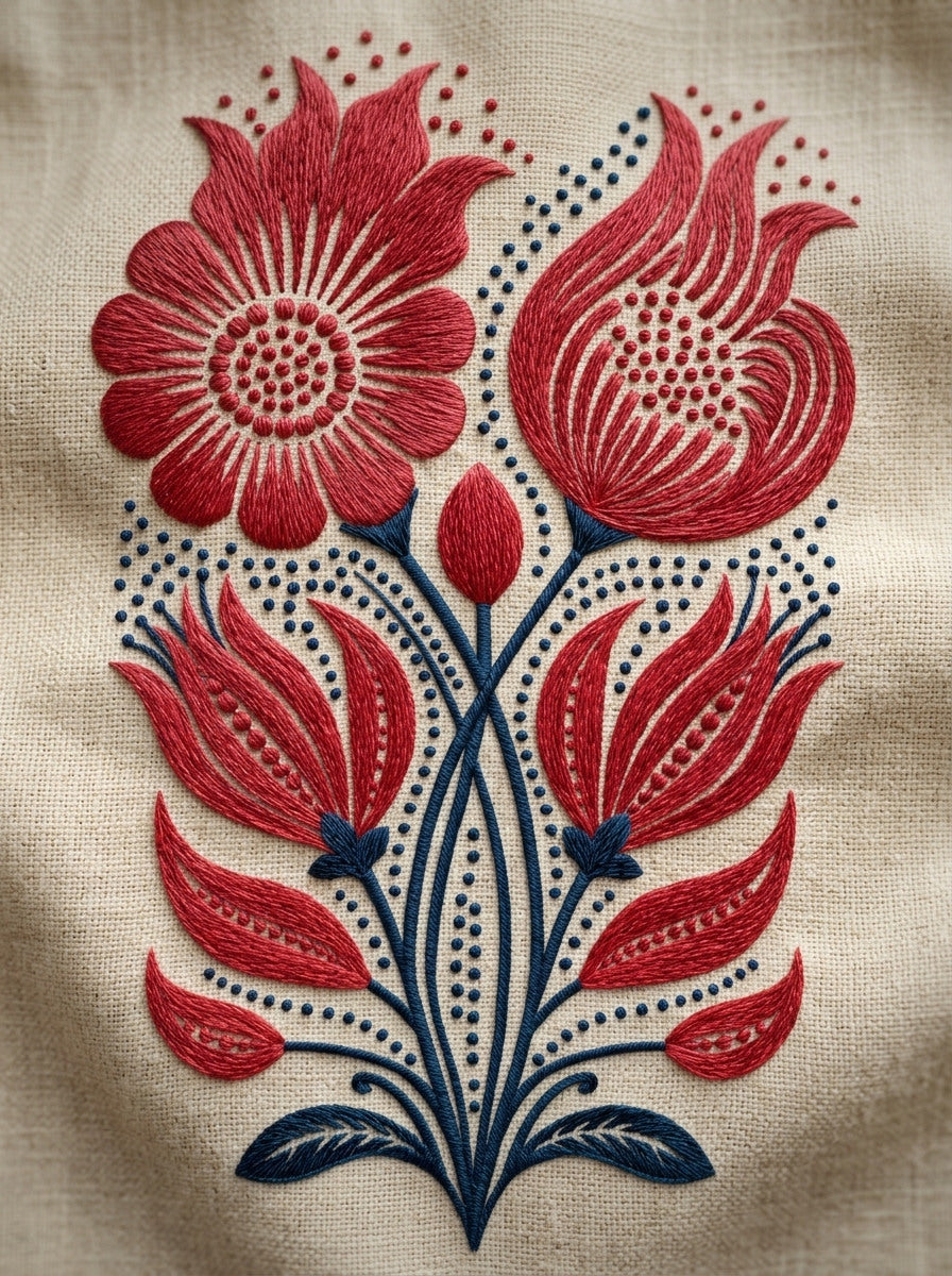 Naive Floral Pair Global Folk from Global Folk Art Embroidery Book 1, a digital embroidery design reference for machine embroidery designs, embroidery patterns and botanical and floral embroidery.