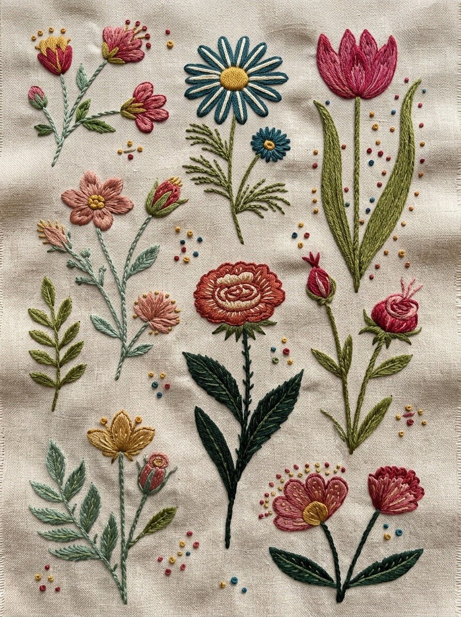 Naive Flowers Folk Botanicals And from Global Folk Art Embroidery Book 1, a digital embroidery design reference for machine embroidery designs, embroidery patterns and botanical and floral embroidery.