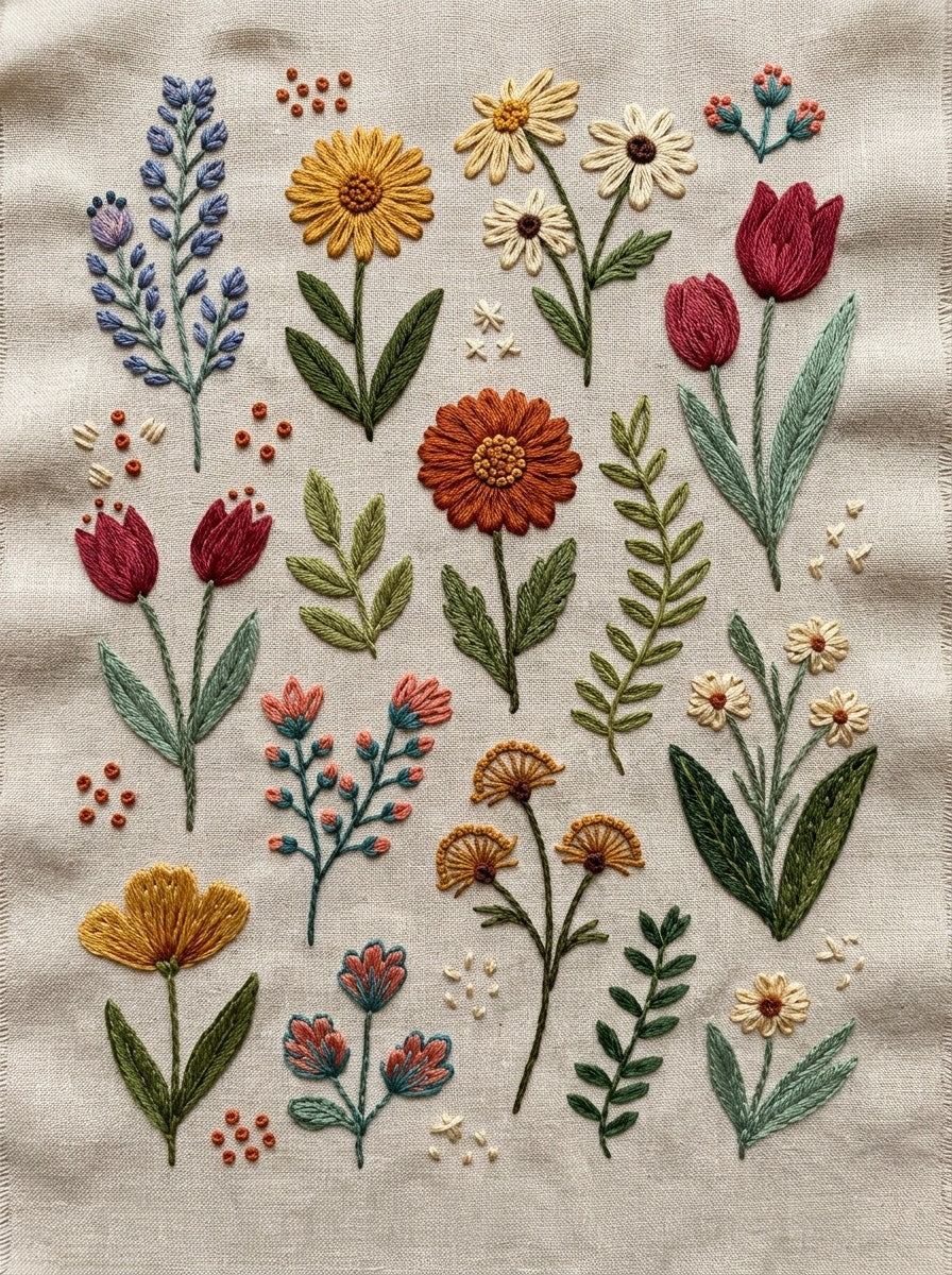 Naive Folk Botanical Library Plate from Global Folk Art Embroidery Book 2, a digital embroidery design reference for machine embroidery designs, embroidery patterns and botanical and floral embroidery.