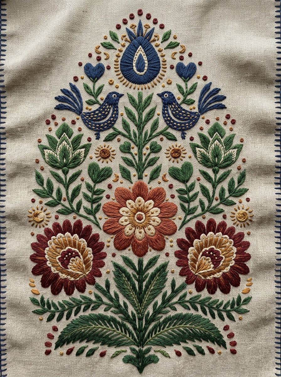 Naive Home Textile Folk Panel from Global Folk Art Embroidery Book 4, a digital embroidery design reference for machine embroidery designs, embroidery patterns and embroidery design reference.