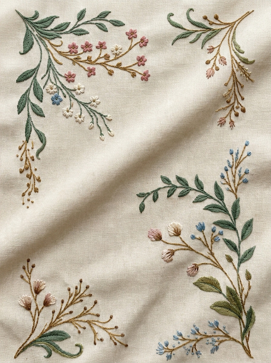 Napkin Corners Gift Pouches And from Botanical Sprig Library Book 3, a digital embroidery design reference for machine embroidery designs, embroidery patterns and corner embroidery.