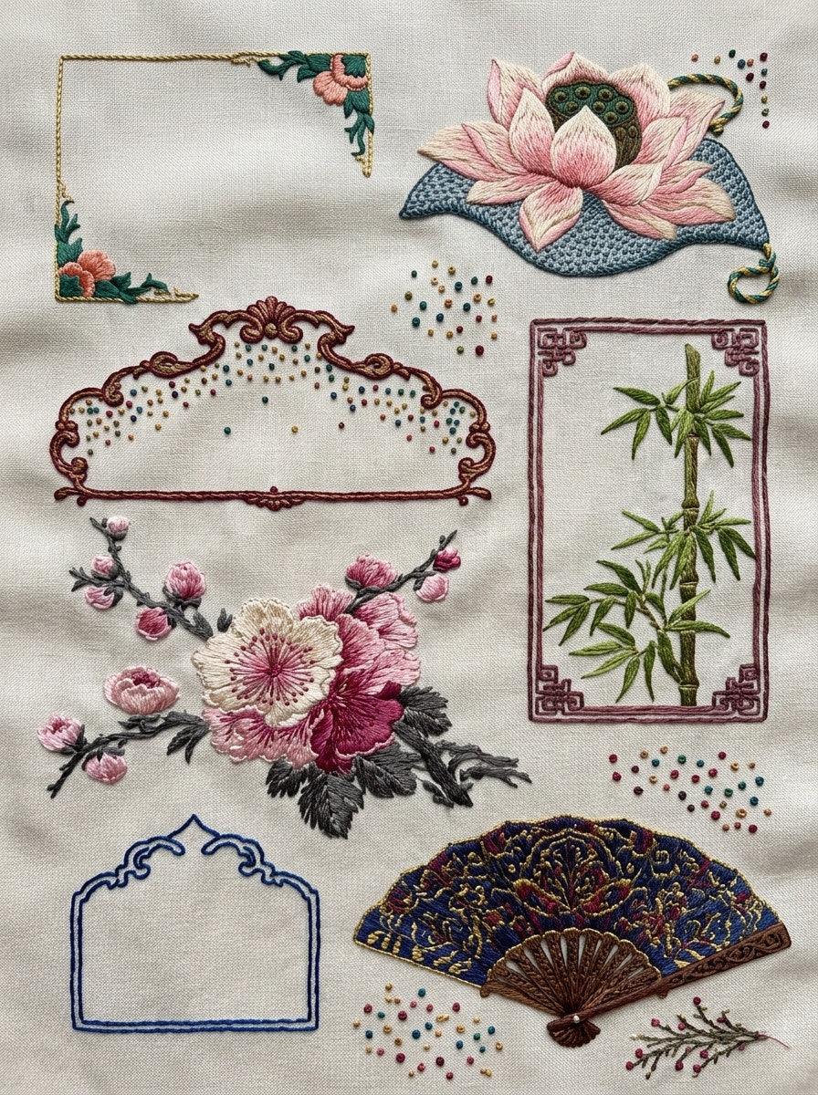 Napkin Gift And Elegant Label from East Asian Inspired Embroidery Book 2, a digital embroidery design reference for machine embroidery designs, embroidery patterns and frames and monogram spaces.