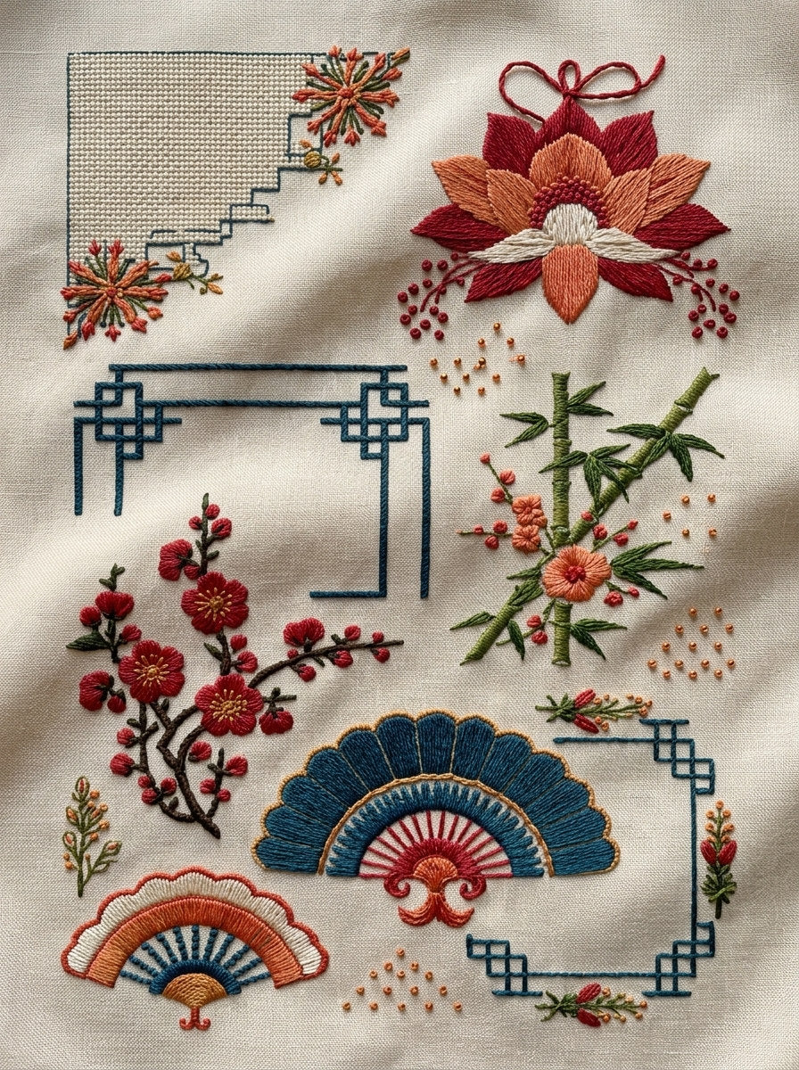 Napkin Gift And Elegant Label from East Asian Inspired Embroidery Book 3, a digital embroidery design reference for machine embroidery designs, embroidery patterns and frames and monogram spaces.