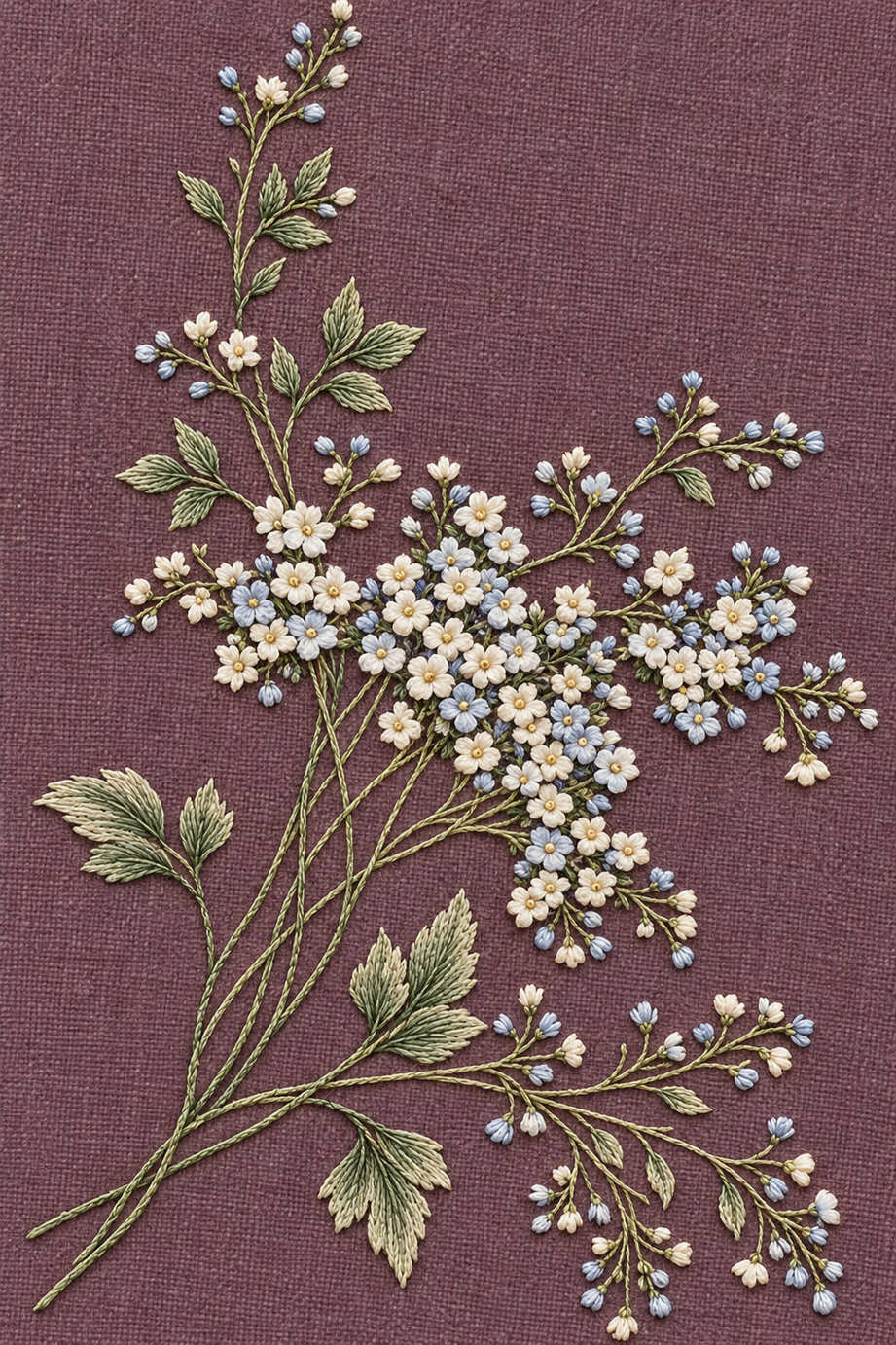 Fine cotton hand embroidery of airy small blossom and bud bouquet on dusty plum linen, from Napkins, Table Runners and Kitchen Linens Book One.