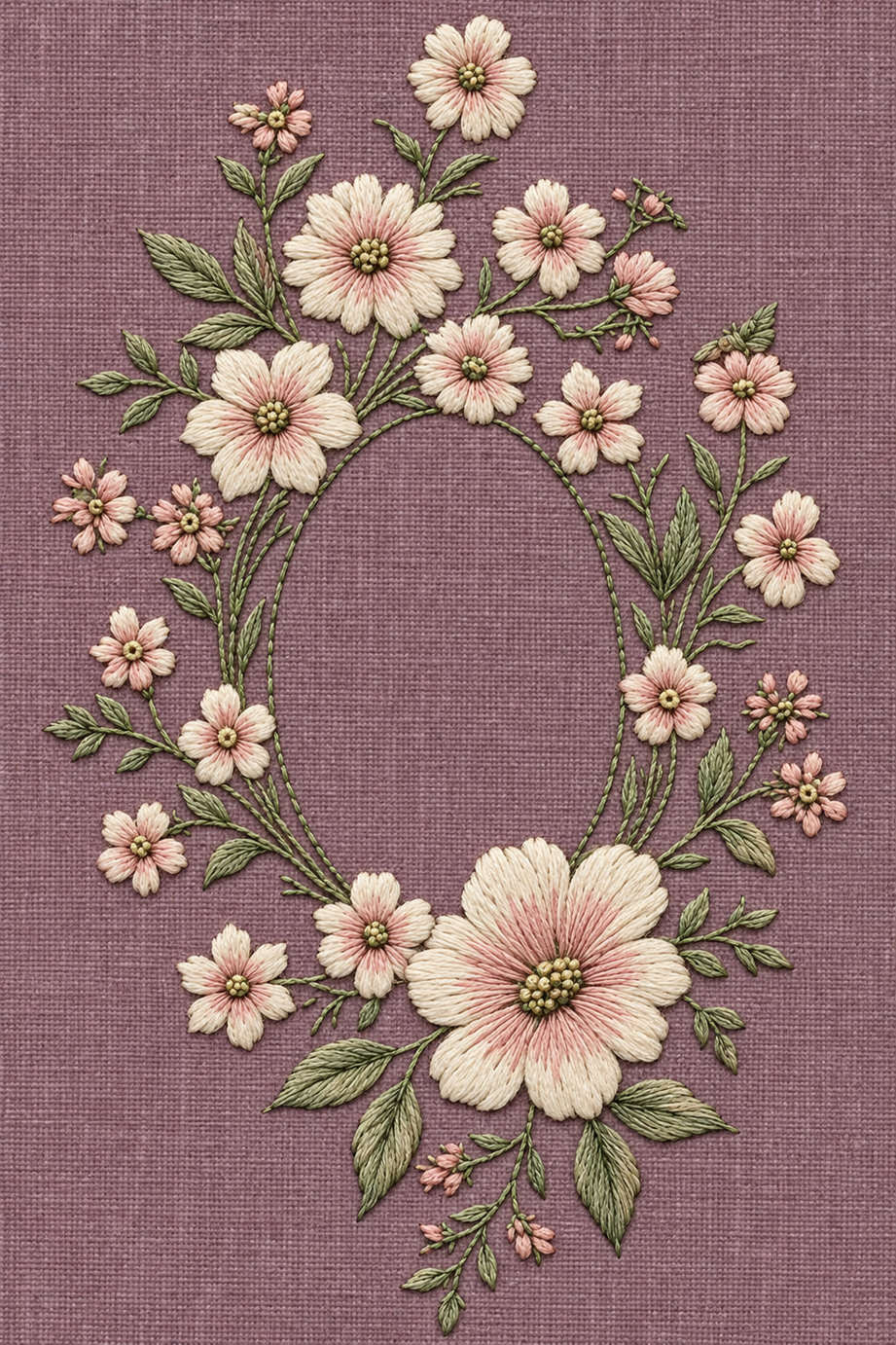 Fine cotton hand embroidery of asymmetric floral oval monogram wreath on dusty plum linen, from Napkins, Table Runners and Kitchen Linens Book One.