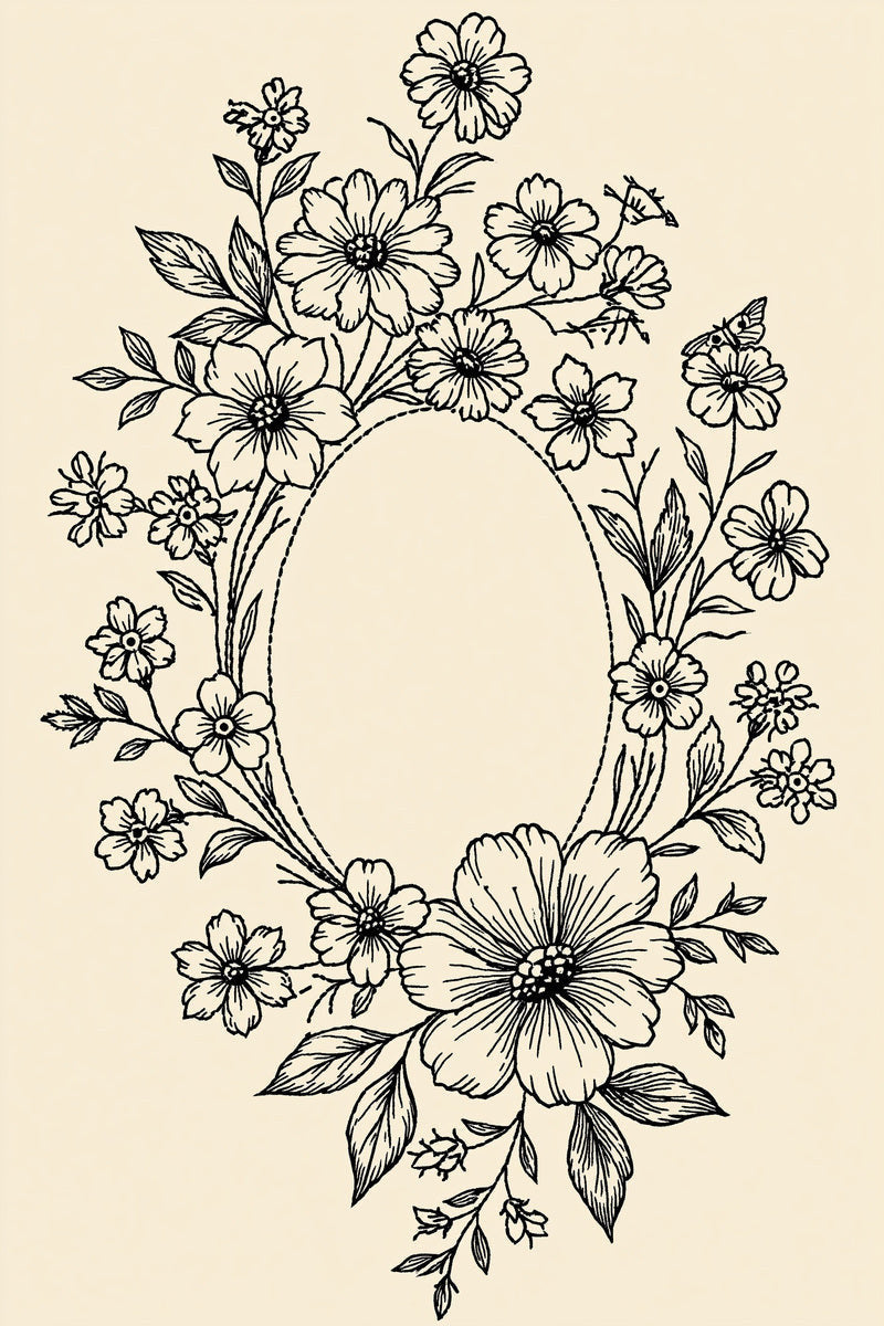 Original drawing of asymmetric floral oval monogram wreath, from Napkins, Table Runners and Kitchen Linens Book One.