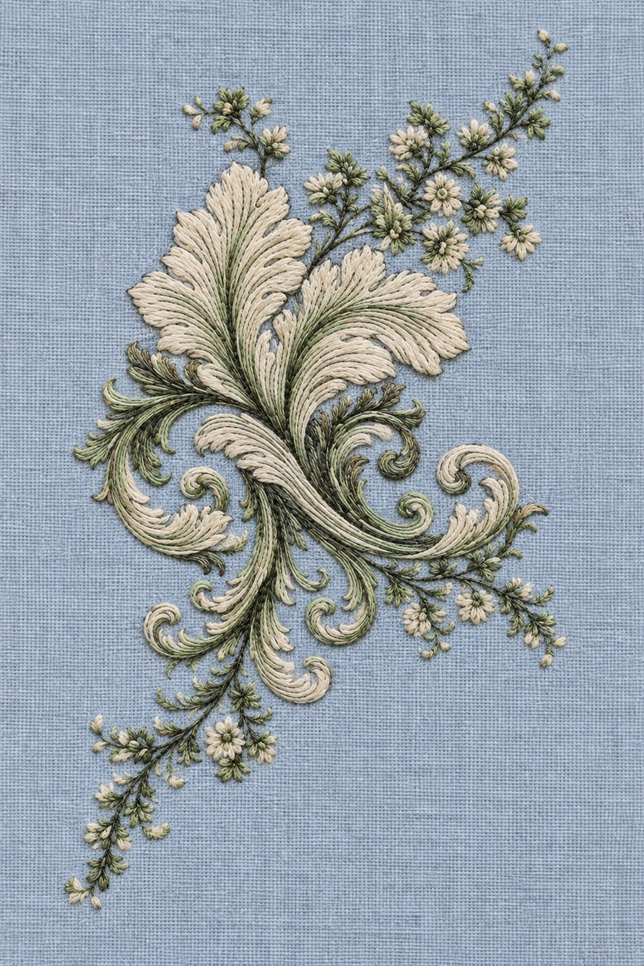 Fine cotton hand embroidery of baroque acanthus and small flower corner on dusty powder blue linen, from Napkins, Table Runners and Kitchen Linens Book One.