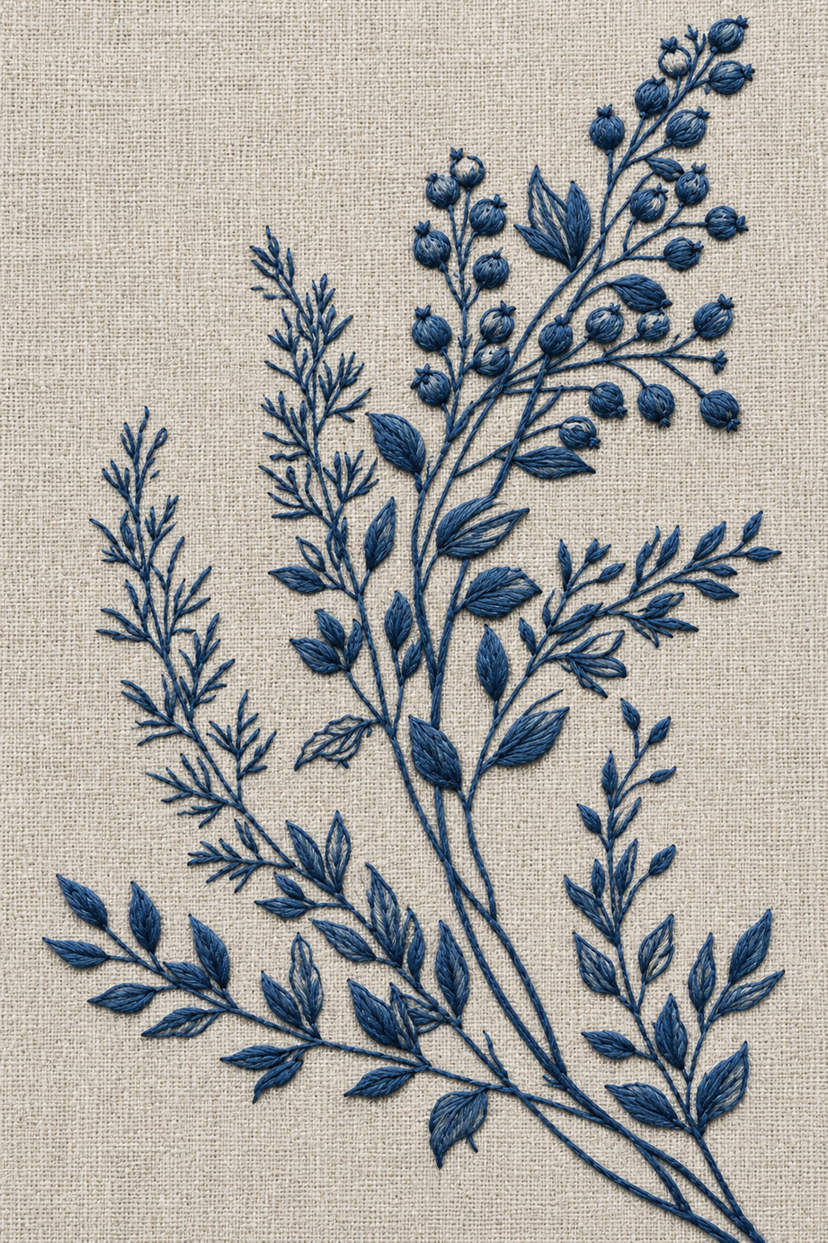 Fine cotton hand embroidery of indigo berry and leaf corner spray on warm stone grey linen, from Napkins, Table Runners and Kitchen Linens Book One.