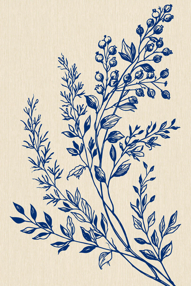 Original drawing of indigo berry and leaf corner spray, from Napkins, Table Runners and Kitchen Linens Book One.