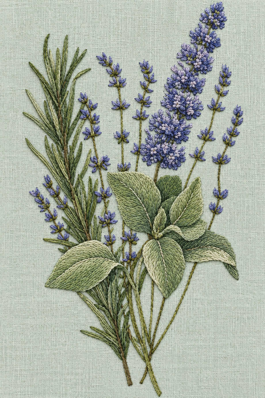 Fine cotton hand embroidery of lavender rosemary and sage bouquet on pale celadon linen, from Napkins, Table Runners and Kitchen Linens Book One.