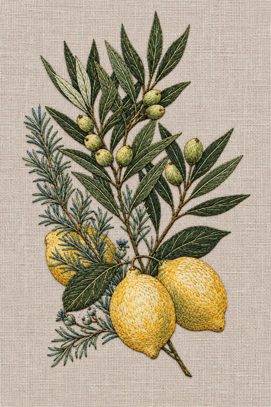 Fine cotton hand embroidery of lemons olives and rosemary botanical spray on warm stone grey linen, from Napkins, Table Runners and Kitchen Linens Book One.