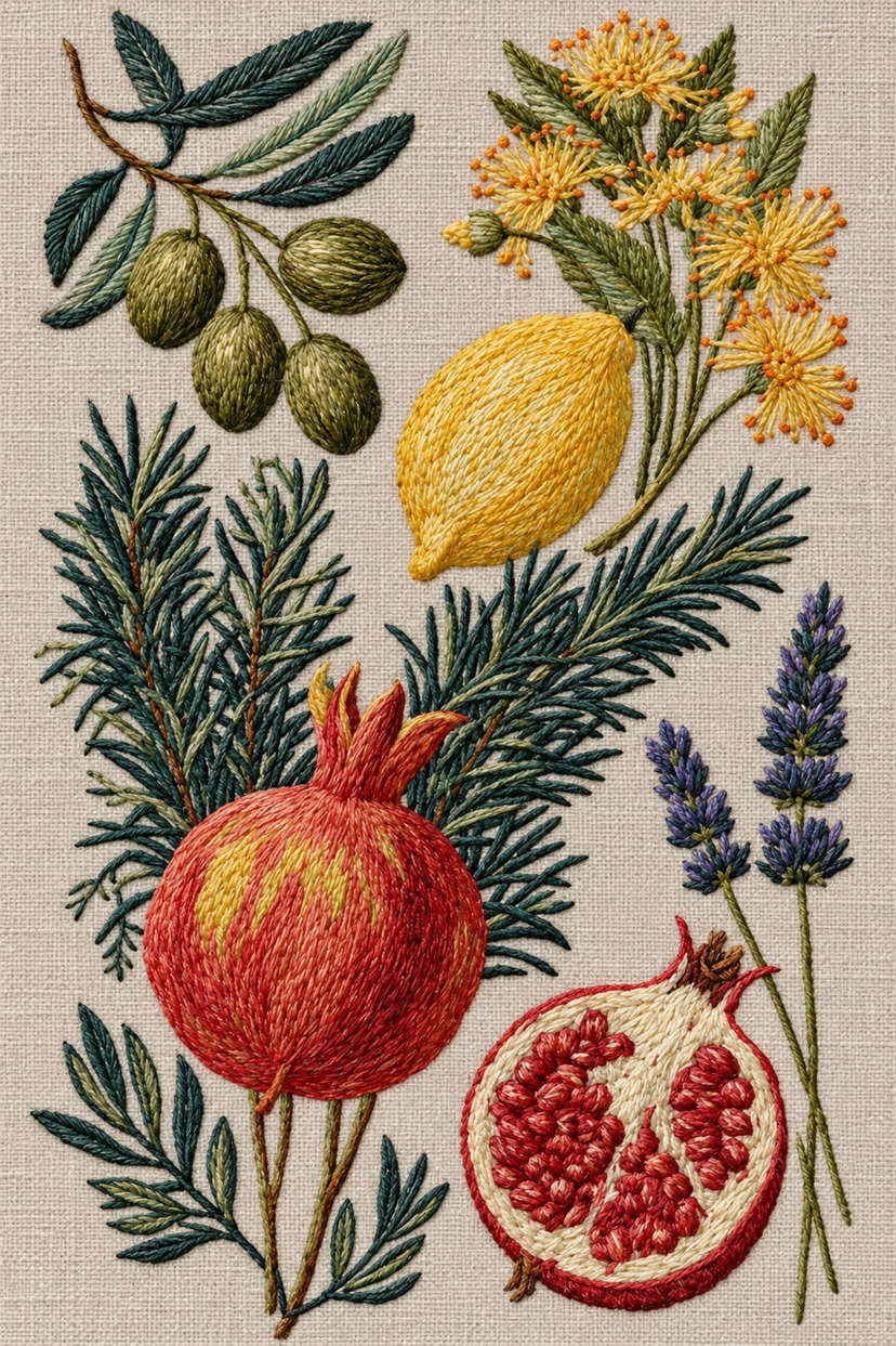 Fine cotton hand embroidery of mediterranean fruit and herb botanical panel on warm stone grey linen, from Napkins, Table Runners and Kitchen Linens Book One.