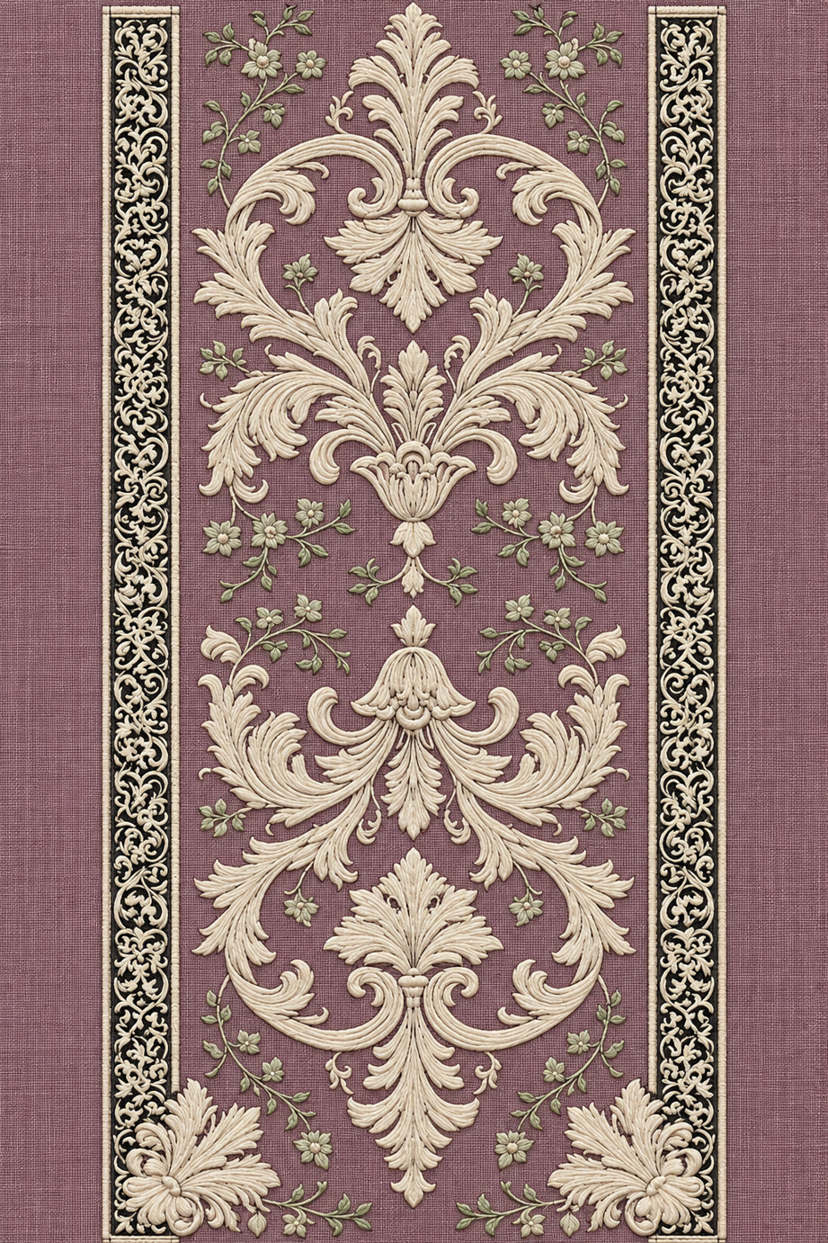 Fine cotton hand embroidery of ornate acanthus table runner panel on dusty plum linen, from Napkins, Table Runners and Kitchen Linens Book One.