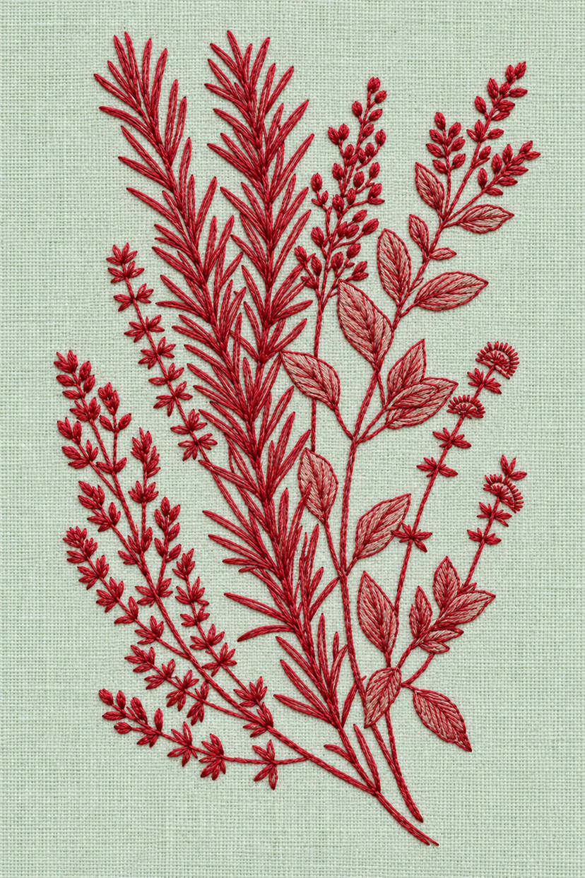 Fine cotton hand embroidery of redwork mixed kitchen herb bouquet on pale celadon linen, from Napkins, Table Runners and Kitchen Linens Book One.