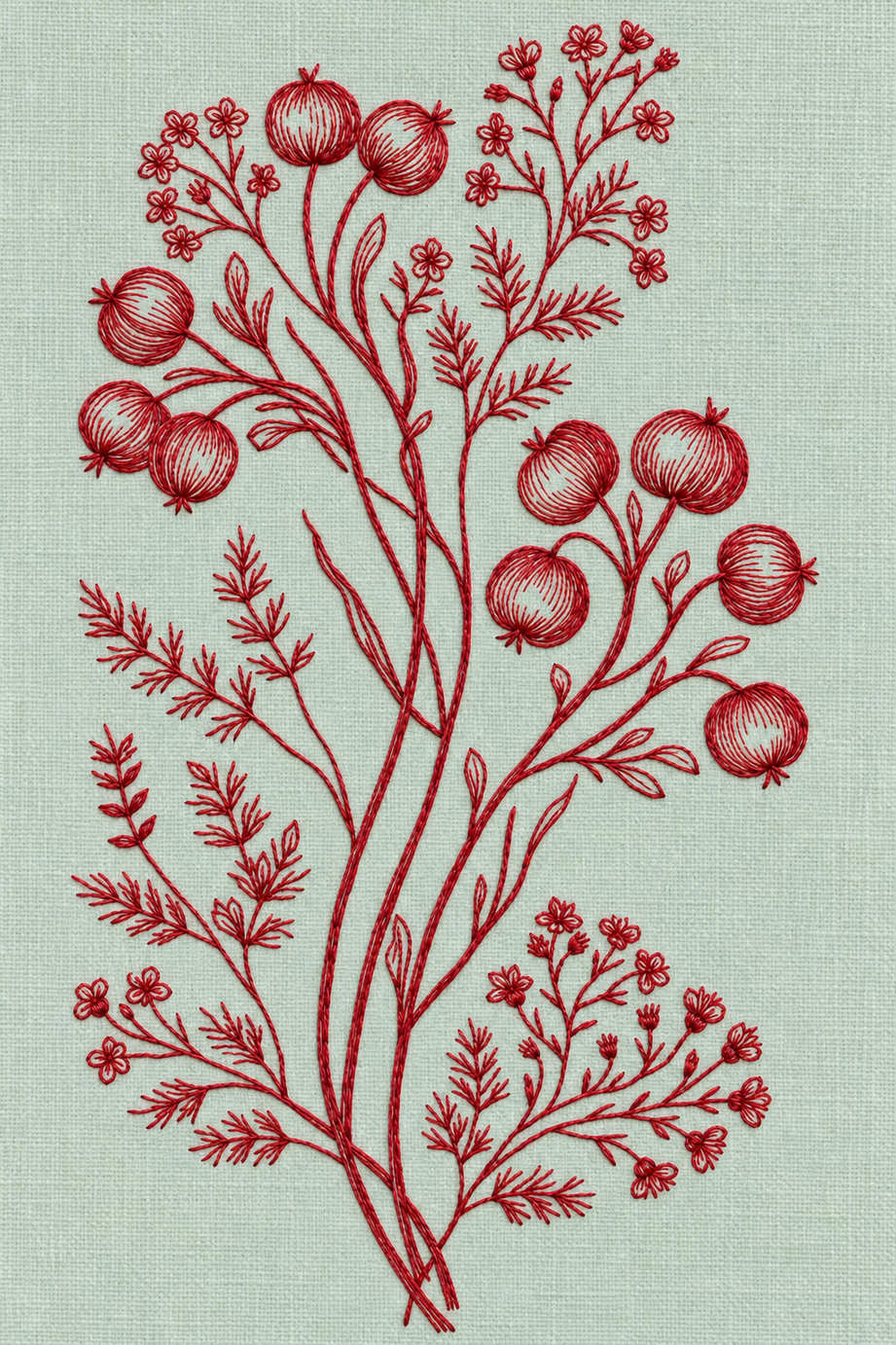 Fine cotton hand embroidery of redwork round seedpods and tiny wildflowers on pale celadon linen, from Napkins, Table Runners and Kitchen Linens Book One.