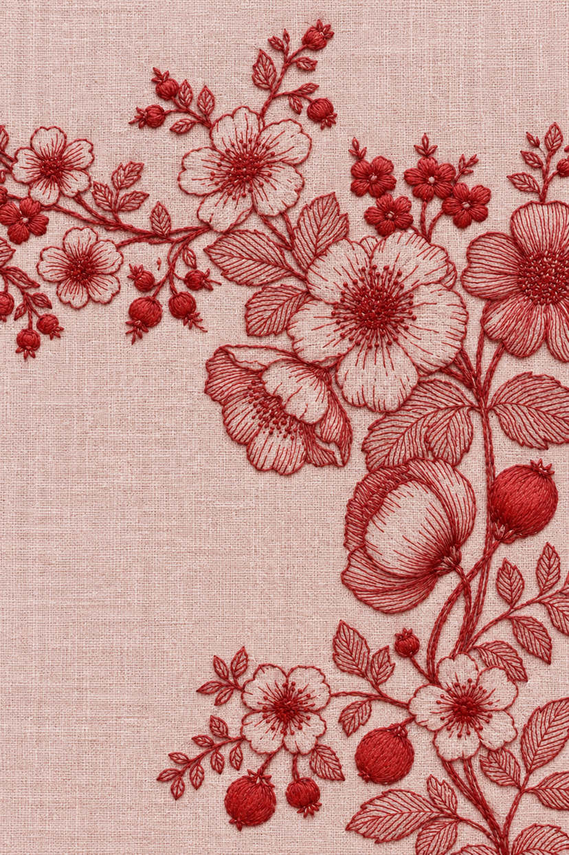 Fine cotton hand embroidery of redwork wild rose and rosehip corner border on dusty rose linen, from Napkins, Table Runners and Kitchen Linens Book One.