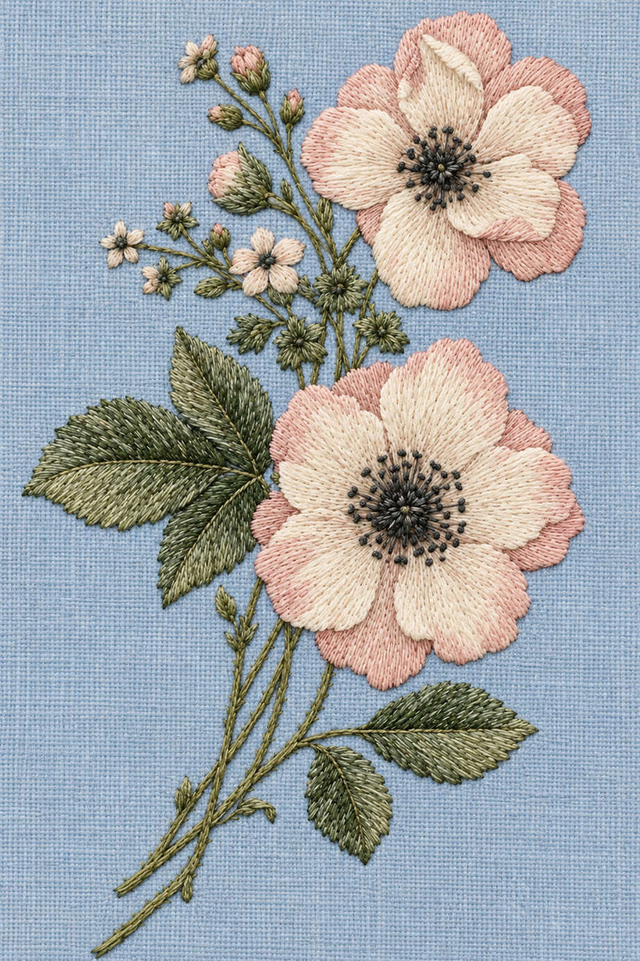 Fine cotton hand embroidery of two wild roses with serrated leaves on dusty powder blue linen, from Napkins, Table Runners and Kitchen Linens Book One.