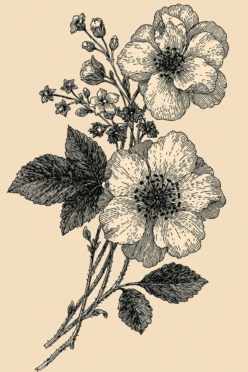 Original drawing of two wild roses with serrated leaves, from Napkins, Table Runners and Kitchen Linens Book One.