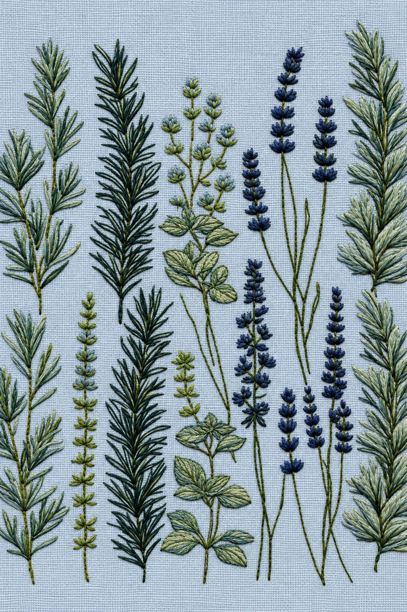 Fine cotton hand embroidery of upright kitchen herb stem sampler on dusty powder blue linen, from Napkins, Table Runners and Kitchen Linens Book One.
