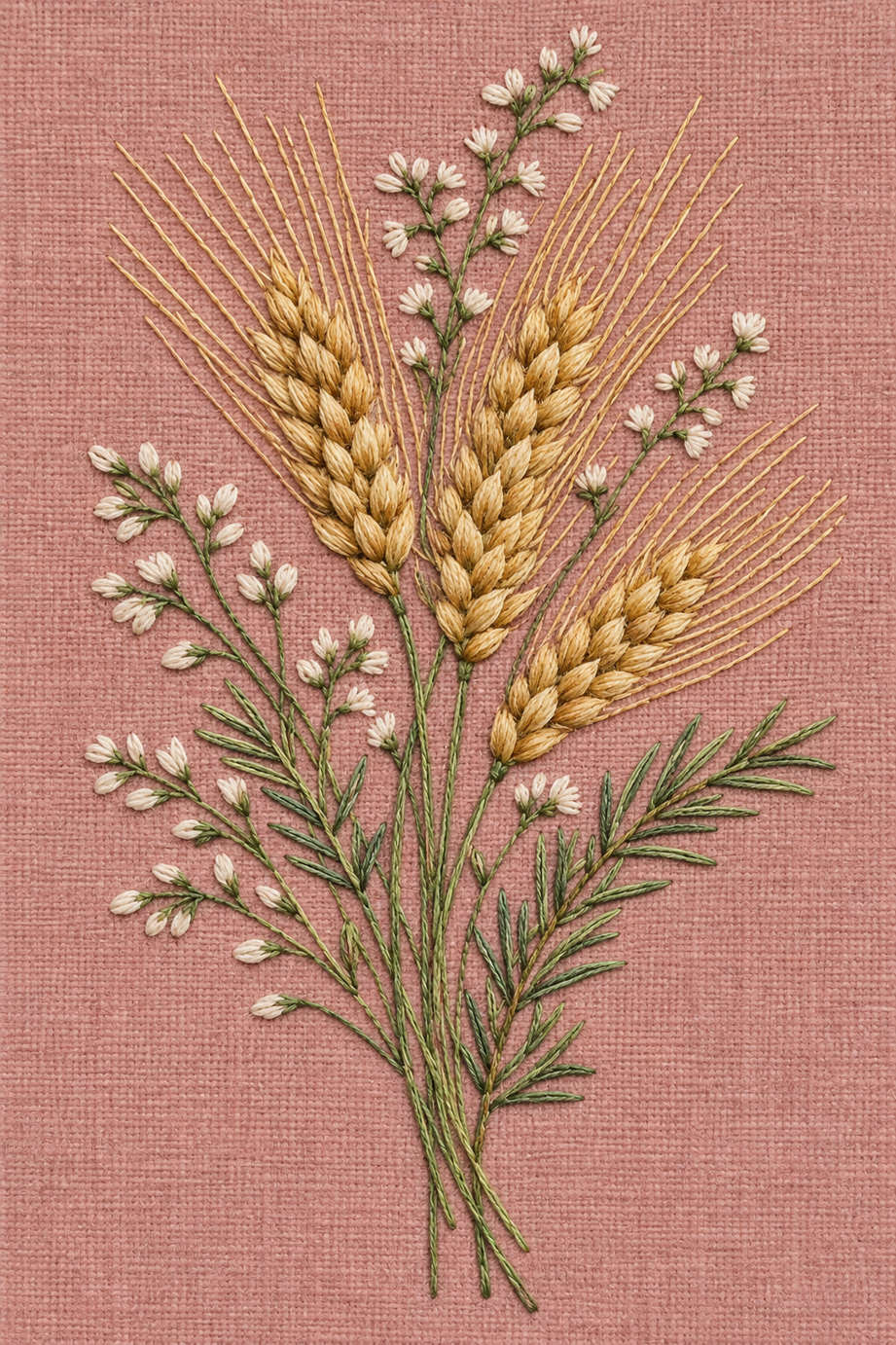 Fine cotton hand embroidery of wheat and wildflower harvest bouquet on dusty rose linen, from Napkins, Table Runners and Kitchen Linens Book One.