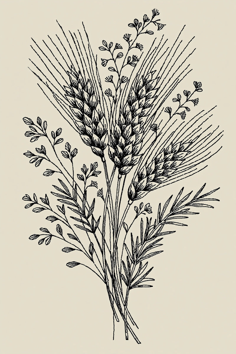Original drawing of wheat and wildflower harvest bouquet, from Napkins, Table Runners and Kitchen Linens Book One.