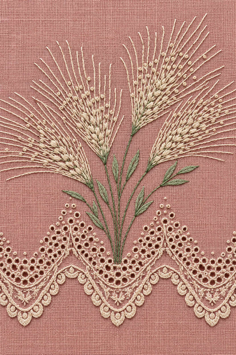 Fine cotton hand embroidery of wheat spray and scalloped eyelet border on dusty rose linen, from Napkins, Table Runners and Kitchen Linens Book One.