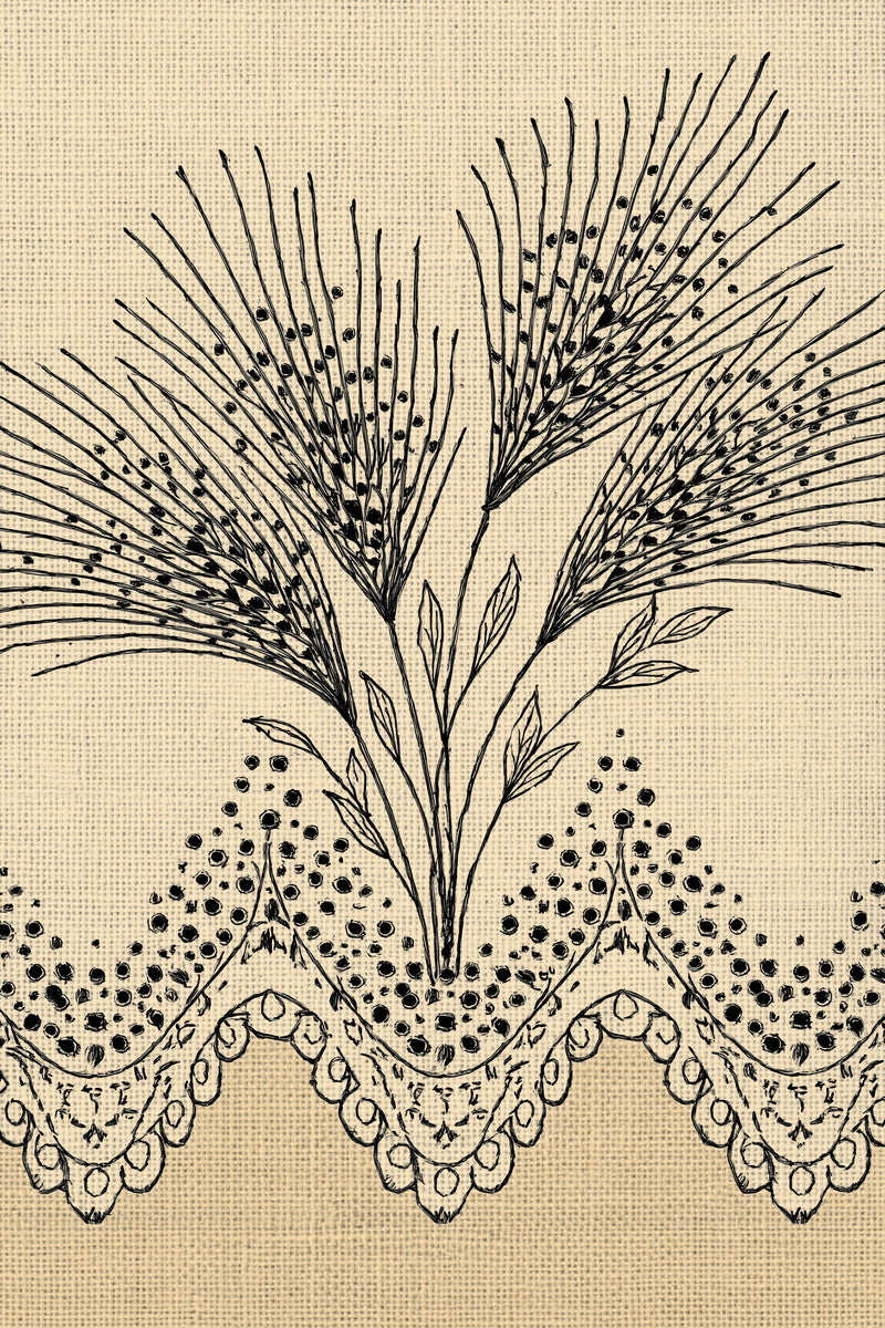 Original drawing of wheat spray and scalloped eyelet border, from Napkins, Table Runners and Kitchen Linens Book One.