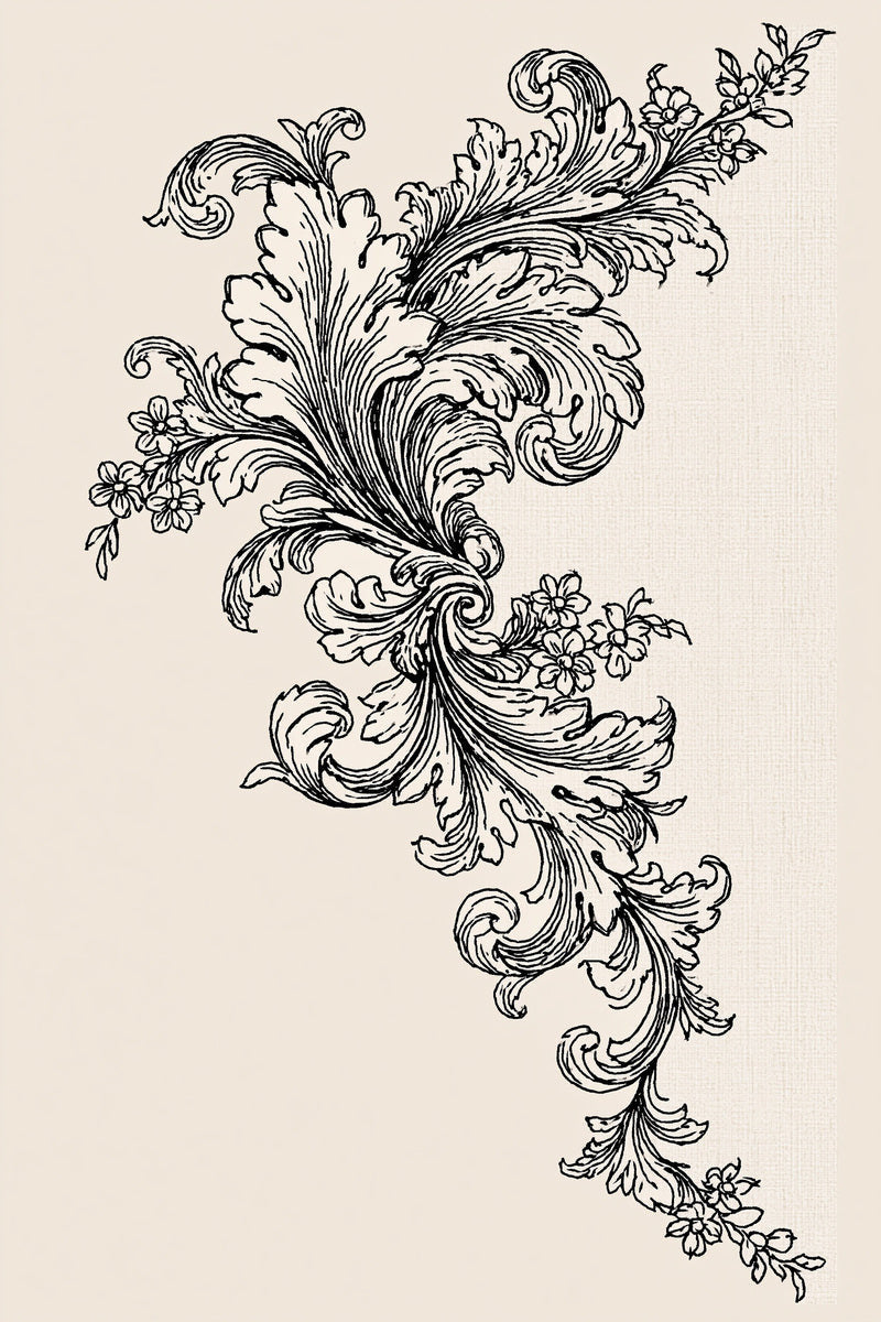 Original drawing of asymmetric acanthus floral corner, from Napkins, Table Runners and Kitchen Linens Book Three.