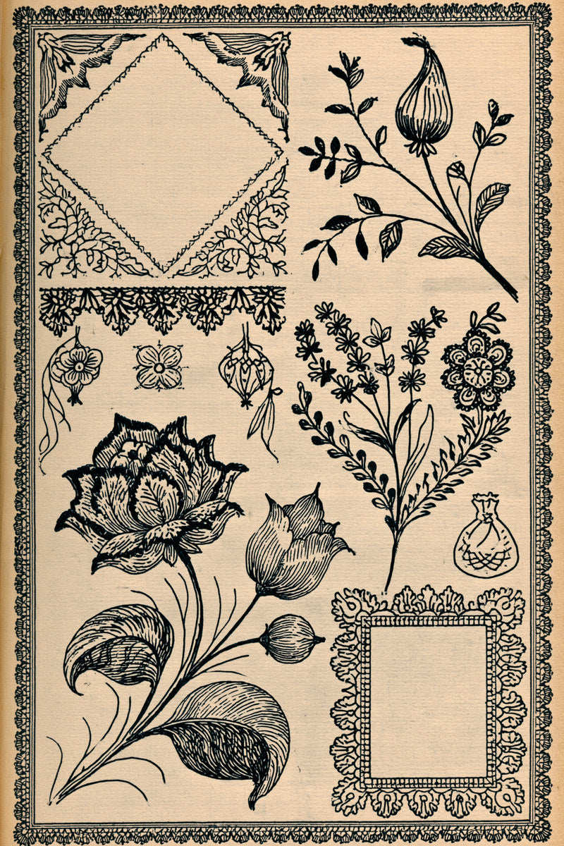 Original drawing of botanical linen sampler, from Napkins, Table Runners and Kitchen Linens Book Three.