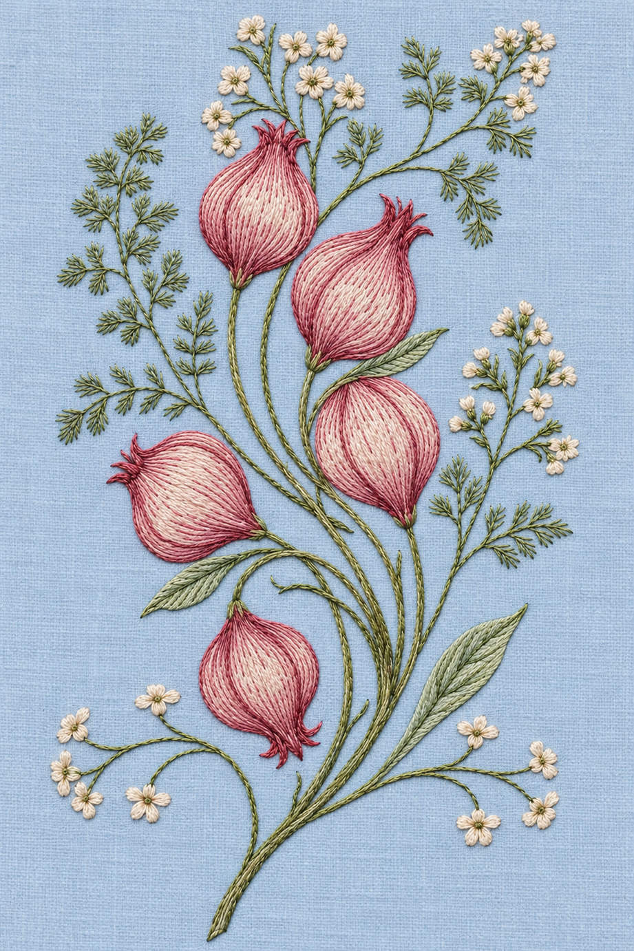 Fine cotton hand embroidery of five buds and meadow sprigs, from Napkins, Table Runners and Kitchen Linens Book Three.