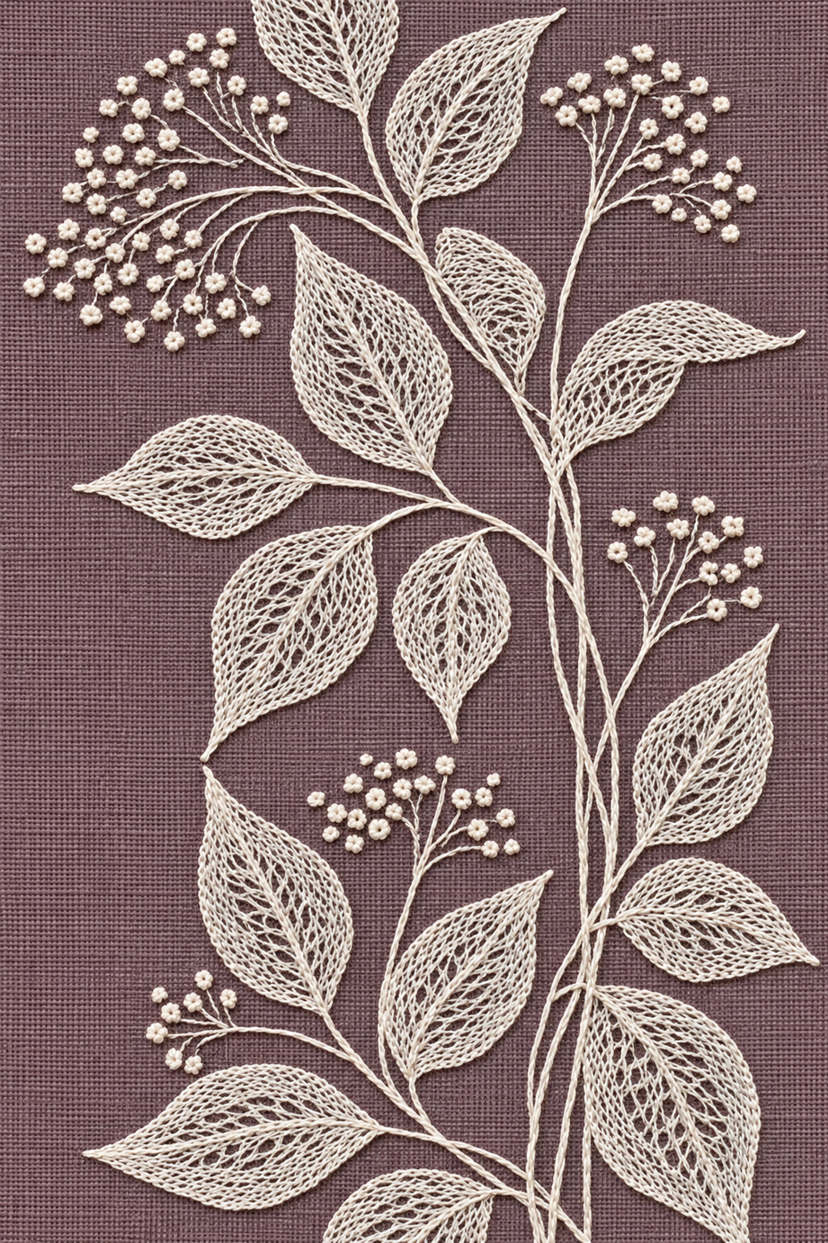 Fine cotton hand embroidery of openwork leaf and berry spray, from Napkins, Table Runners and Kitchen Linens Book Three.