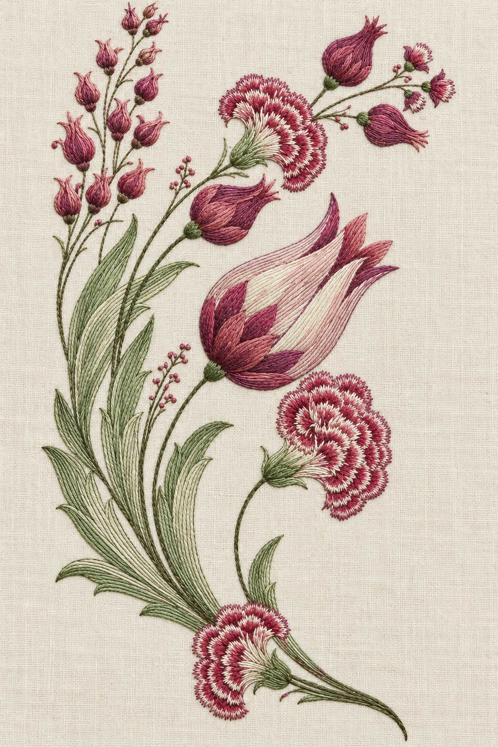 Fine cotton hand embroidery of ottoman tulip and carnation spray, from Napkins, Table Runners and Kitchen Linens Book Three.