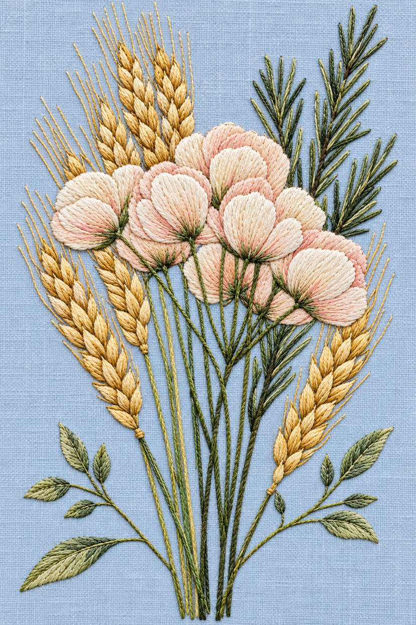 Fine cotton hand embroidery of poppies wheat and rosemary bouquet, from Napkins, Table Runners and Kitchen Linens Book Three.