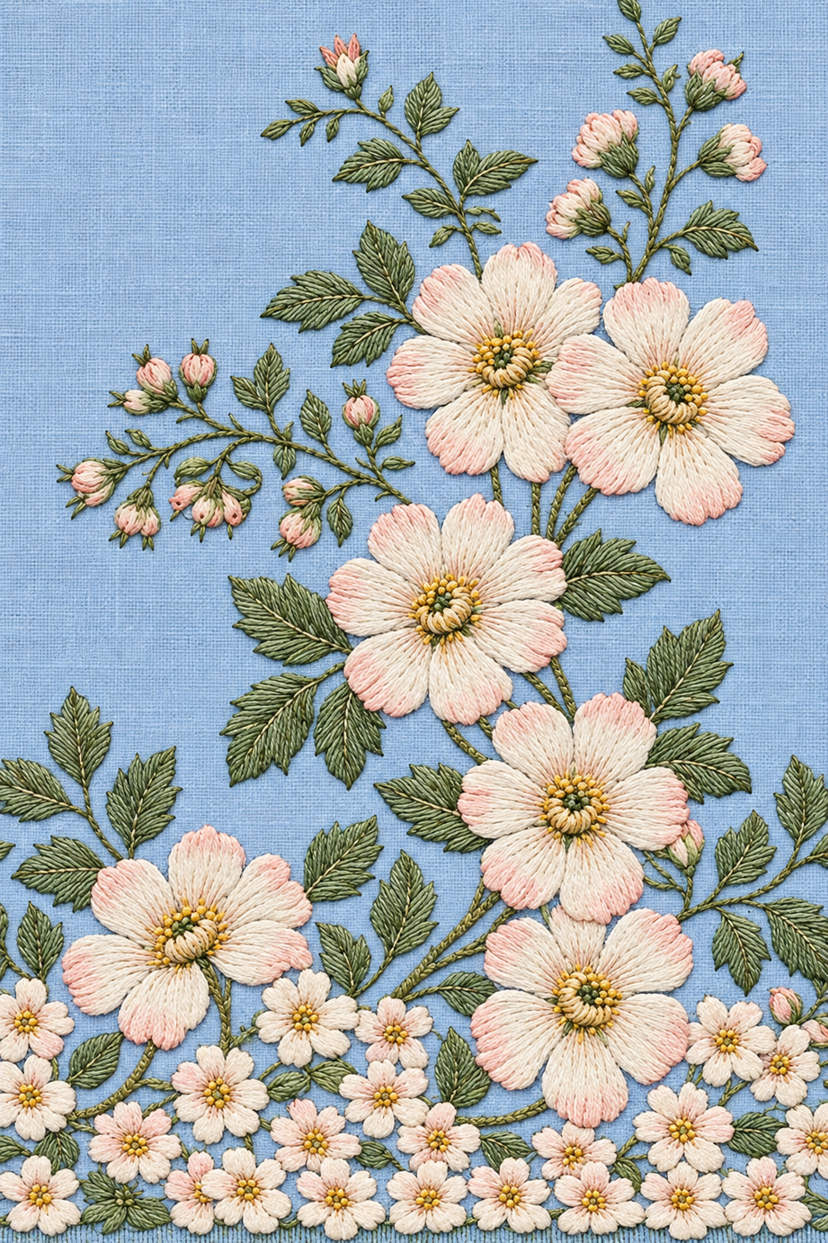 Fine cotton hand embroidery of wild rose and small flower border, from Napkins, Table Runners and Kitchen Linens Book Three.
