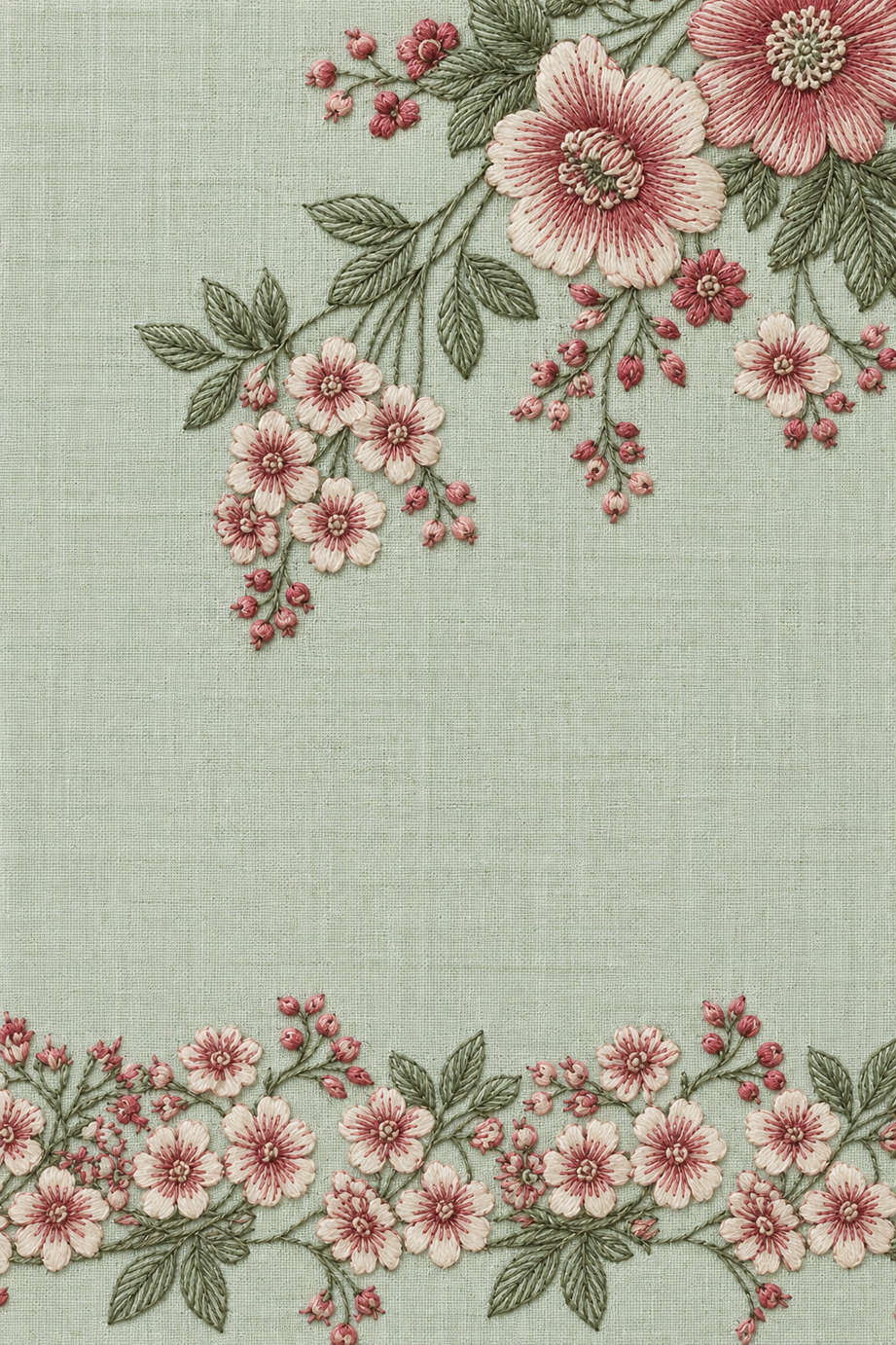 Fine cotton hand embroidery of wildflower corner and bottom border, from Napkins, Table Runners and Kitchen Linens Book Three.