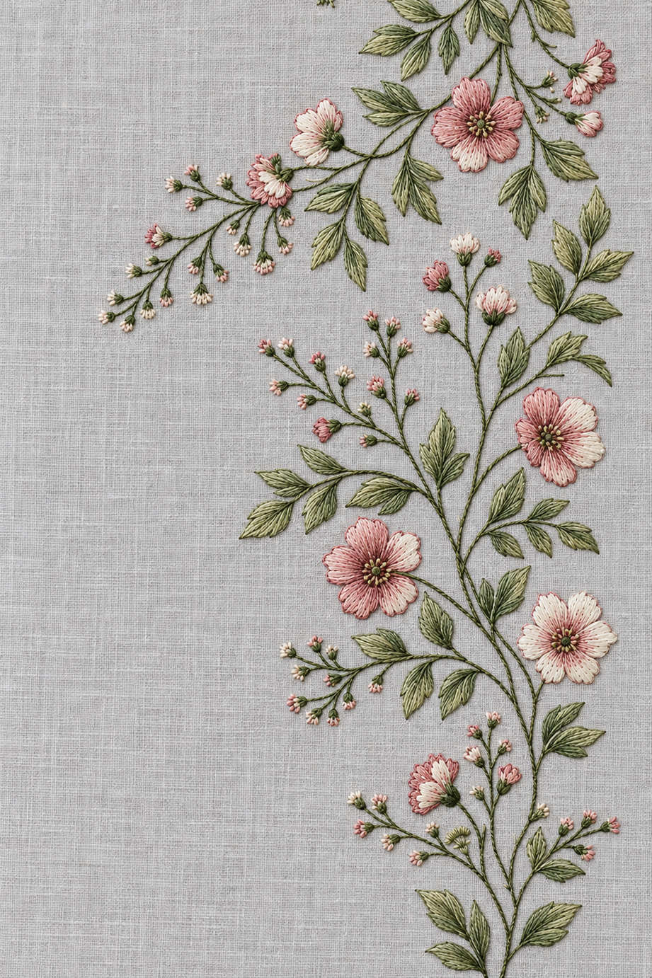 Fine cotton hand embroidery of winding wildflower edge border, from Napkins, Table Runners and Kitchen Linens Book Three.