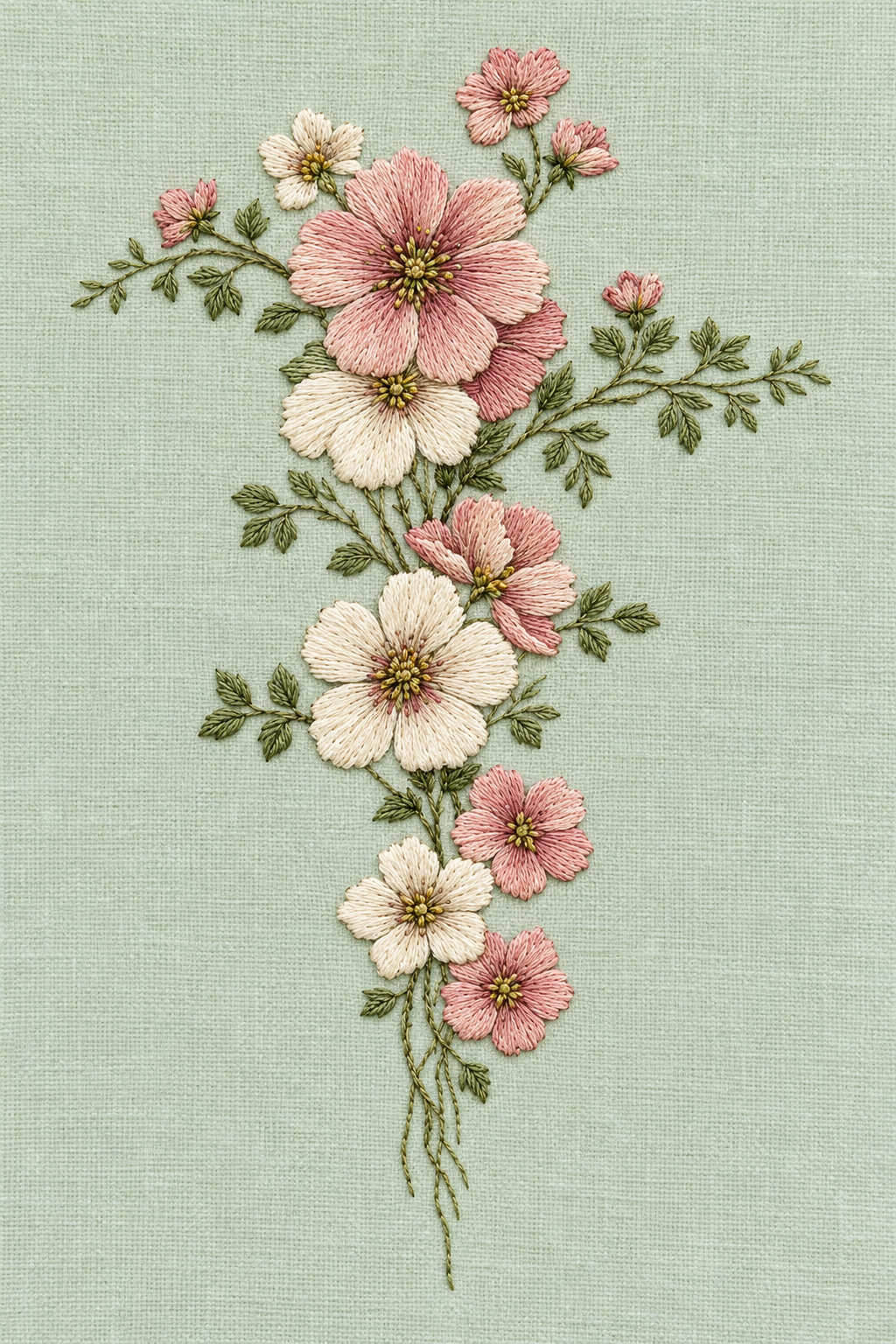 Fine cotton hand embroidery of cascading wildflower stem, from Napkins, Table Runners and Kitchen Linens Book Four.
